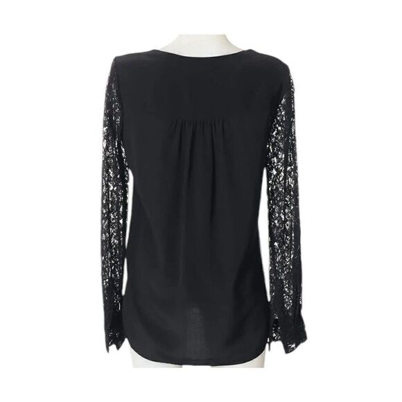 Diane Von Furstenberg 100% Silk Blouse With Lace Sleeve Black High Low Size 6 - Picture 2 of 6